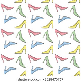 Vector seamless pattern of different hand drawn sketch doodle female high heel shoes isolated on white background