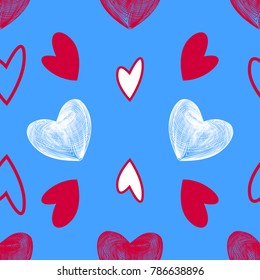 Vector seamless pattern from different hearts to the day of St. Valentine on a blue background, for gift wrapping, decoration, design fabric.