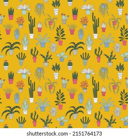 Vector seamless pattern with different house plants. Design with flower pots in hand-drawn style for textile, fabric, wrapping paper, scrapbooking design