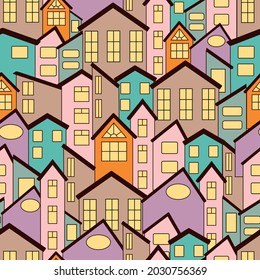 Vector seamless pattern of different houses with lights in the windows. Windows of different sizes and shapes. Multicolored illustration for wallpaper. 