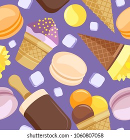 Vector seamless pattern of different ice cream and ice cubes. On a purple background