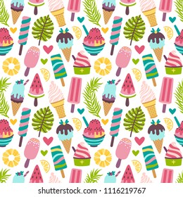 Vector seamless pattern with different ice cream, popsicles, fruit ice. Bright summertime repeated texture with sweet food. Summer background with desserts and palm leaves.