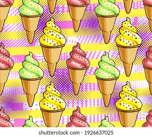 Vector seamless pattern with different ice creams in pop art style. Filling with different flavors in beautiful desserts. Drawing comics. Polka dots and circles on a bright background