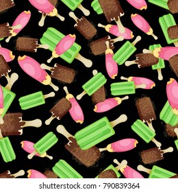 Vector seamless pattern of different ice-cream popsicles on stick