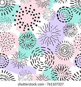 Vector seamless pattern with different ink circles and brush painted elements. Abstract trendy background with fireworks.