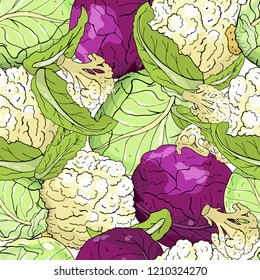Vector seamless pattern with different kind of cabbage. Hand drawn endless texture for your design, announcements, postcards, posters, restaurant menu, textile, fabric, wallpaper