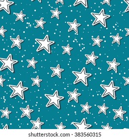Vector seamless pattern of different kind of stars on blue background. Hand drawn doodle style. Sticker stars. Space collection. 
