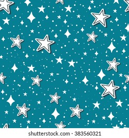 Vector seamless pattern of different kind of stars on blue background. Hand drawn doodle style. Sticker stars. Space collection. 