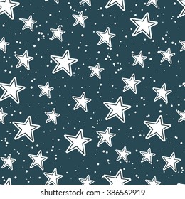 Vector seamless pattern of different kind of stars on dark blue background. Hand drawn doodle style. Space collection.