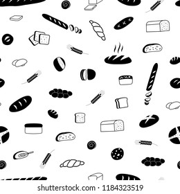 Vector seamless pattern of different kinds of bread. Bakery products. Vector silhouette of bread and pastry.