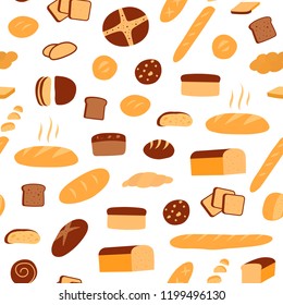 Vector seamless pattern of different kinds of bread. Bakery products. Vector bread and pastry.