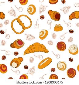 Vector seamless pattern with different kinds of bakery. Isolate objects on white background. Endless hand drawn texture. For your design, announcements, postcards, posters, restaurant menu