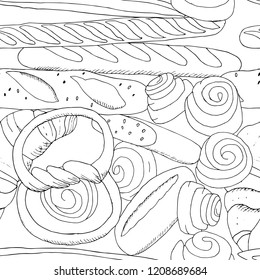 Vector seamless pattern with different kinds of bakery. Endless hand drawn outline texture on white. For announcements, postcards, posters, restaurant menu, textile, fabric, wallpaper