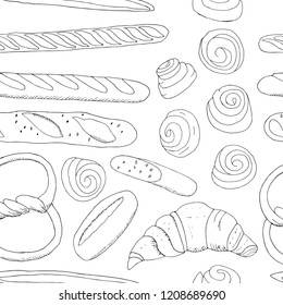 Vector seamless pattern with different kinds of bakery. Endless hand drawn outline texture isolate on white. For announcements, postcards, posters, restaurant menu, textile, fabric, wallpaper