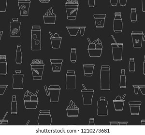 Vector seamless pattern of different kinds of yoghurt. Hand drawn repeating background of organic fresh dairy products on black background. Natural food line drawing collection