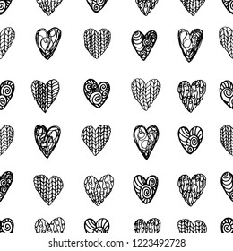 Vector seamless pattern of different kinds of hand drawn hearts. Line art. Black on white . For valentine , romantic, wedding design.