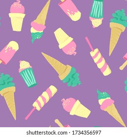 Vector seamless pattern with different kinds of ice cream in trendy colors