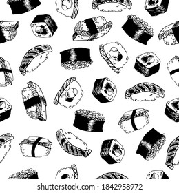 Patrón vectorial sin fisuras de diferentes tipos de sushi