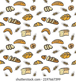 Vector seamless pattern of different kinds of bread. Bakery products. Vector bread and pastry.