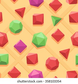 Vector seamless pattern. Different multicolored dices. Cube, tetrahedron, octahedron, decahedron, dodecahedron, icosahedron.