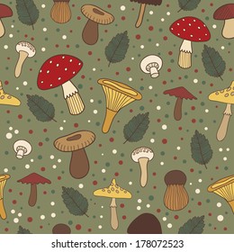 Vector seamless pattern with different mushrooms and leaves on the green background. Hand drawing forest background. All elements are editable.