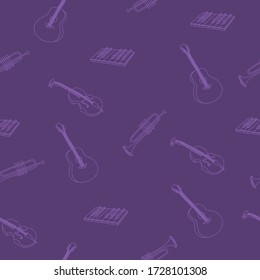 Vector seamless pattern with different musical instruments: guitar, trumpet, violin and piano keyboard. Violet colors