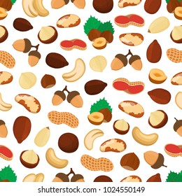 Vector seamless pattern of different nuts. Cashew, almond, hazelnut, walnut, macadamia, acorn. Made in cartoon flat style