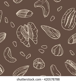 Vector seamless pattern with different nuts. Beige on brown background. Element for your food design. Cashew, walnuts, pecans, peanuts, hazelnuts, almonds, pistachios, pine nuts.