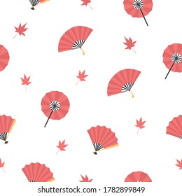 Vector seamless pattern with different oriental fans and red maple leaves. Isolated, white background
