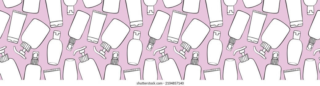 Vector seamless pattern of different outline bottles, tubes, flacons, cosmetic products in doodle style. Texture on theme beauty industry, skin care, hygiene products, toiletries