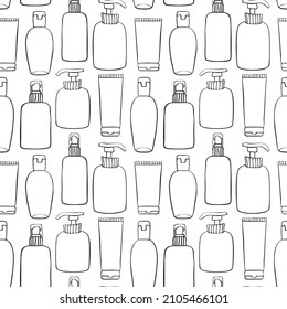 Vector seamless pattern of different outline bottles, tubes, flacons, cosmetic products in doodle style. Texture on theme beauty industry, skin care, hygiene products, toiletries