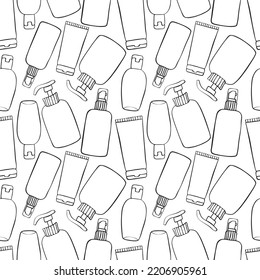 Vector seamless pattern of different outline bottles, tubes, flacons, cosmetic products in doodle style. Texture on theme beauty industry, skin care, hygiene products, toiletries