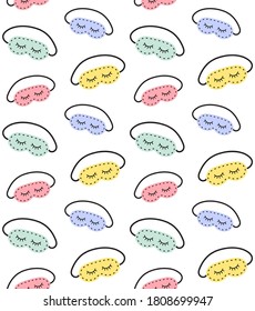 Vector seamless pattern of different pastel color hand drawn doodle sketch sleeping mask with closed eyes isolated on white background