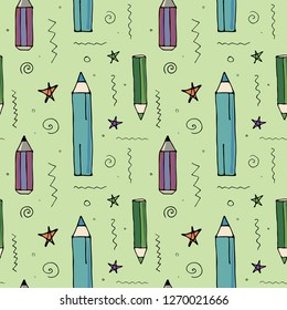 Vector seamless pattern with different pencils,  in bright colors on a green background, great for printing or textile design.Hand drawn,sketch