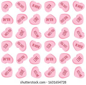Vector seamless pattern of different pink hand drawn doodle sketch valentine candy hearts with love text isolated on white background