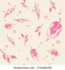 Vector seamless pattern with different pink leaves and geometric elements on a beige background. Illustration with imitation of ink. Artwork for packaging design of medicines, cosmetics, textile.