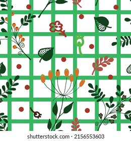 Vector seamless pattern with different plants on a green grid.