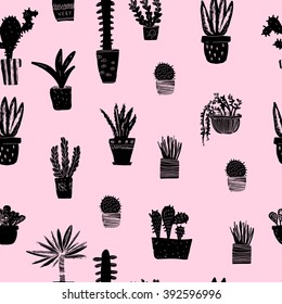 Vector seamless pattern with different plants on pink background.
