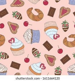 Vector seamless pattern with different pretty sweets, biscuits, cookies and cakes