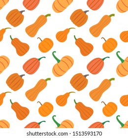 Vector seamless pattern with different pumpkins. Halloween background. Thanksgiving Day. Colorful template for design of wallpaper, gift paper, textile covers, backgrounds, greeting cards.