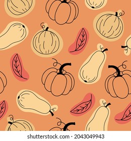 Vector seamless pattern with different pumpkins in line art style on autumn color background