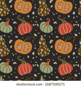 Vetor padrão sem emenda de diferentes abóboras com folhas no fundo escuro, bom para o design, cartões, cartazes de outono, embalagem, Ação de Graças, Halloween