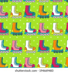 Vector seamless pattern with different roller skates on the green doted background