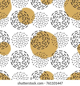 Vector seamless pattern with different round ink elements. Abstract trendy background with fireworks.