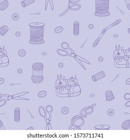 Vector seamless pattern with different sewing tools on a violet background