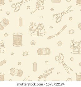 Vector seamless pattern with different sewing tools on a white background