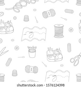 Vector seamless pattern with different sewing tools on a white background