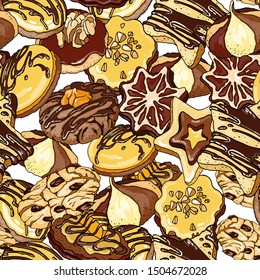 Vector seamless pattern  with a lot of different  shape chocolate  cookies . Holiday food design.