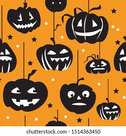 Vector seamless pattern with different  shape hanging Halloween pumpkin in black and white colors on orange background, stock illustration for designe.