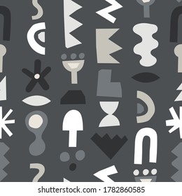 Vector seamless pattern with different shapes. Abstract vector background. Dark grey background.